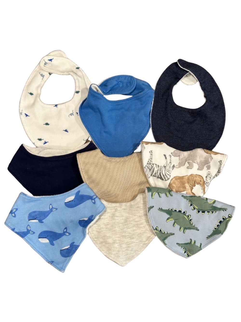 9-Piece Bundle of Carter's Baby Bandana Bibs - Blue, Navy, Cream & Green Prints